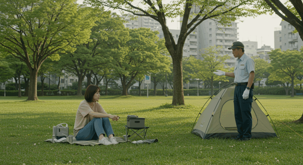 「公園内はキャンプ禁止ですよ！」（なにも都会でソロキャンプしなくても…）